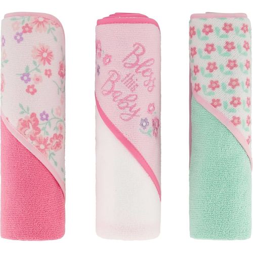 Cudlie Buttons & Stitches Baby Girl 3 Pack Rolled/Carded Hooded Towels in Bless This Baby Print, GS71730
