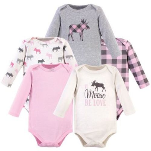 Hudson Baby Basics Infant Girls Cozy Long Sleeve Bodysuits 5-Pack, Rosewood Moose, 9-12 Months