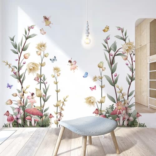 NXUEBDU Boho Flower Wall Decals Fairy Wall Decor Wildflower Stickers with Mushroom Peel and Stick Removable for Girls Bedroom, Kids Room, Living Room, Office