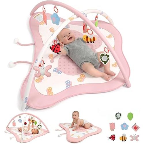 Pamo Babe Baby Play Gym & Activity Mat, Tummy Time Mat with 8 Montessori Toys, Non-slip Foldable Baby Playmat for Stage-Based Development, Machine Washable Baby Gym Play Mat for Newborn Essential Gift