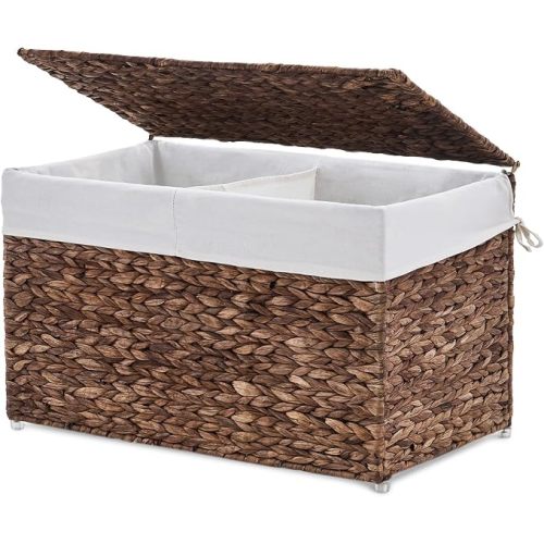 Storage Basket with Lid, Woven Wicker Shelf Basket with Removable Liner, Metal Frame Rattan Storage Trunk with Handle for Laundry, Bedroom, Living Room, Office(Espresso, 95L)
