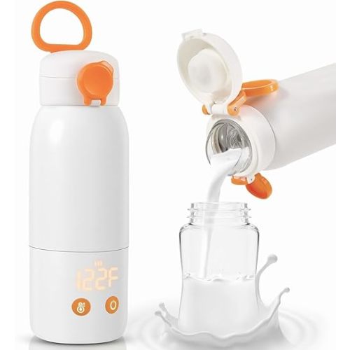 Portable Bottle Warmer for Travel, 12oz Large Capacity Fast Heating, 4 Levels Precise Temperature Control, Long Battery Life, Rechargeable Formula Water Milk Warmer for Car, Airplane & Outdoor Use