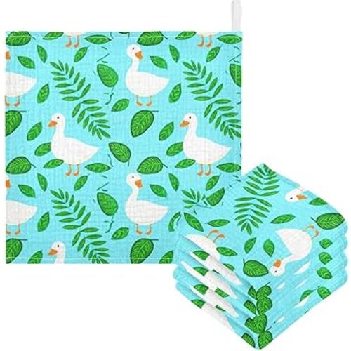 White Ducks Baby Washcloth, Soft & Absorbent Muslin Baby Washcloths Newborn Face Towel 5 Pack, 11.8x11.8 Inch 4 Layer Cotton Infant Washcloth Set