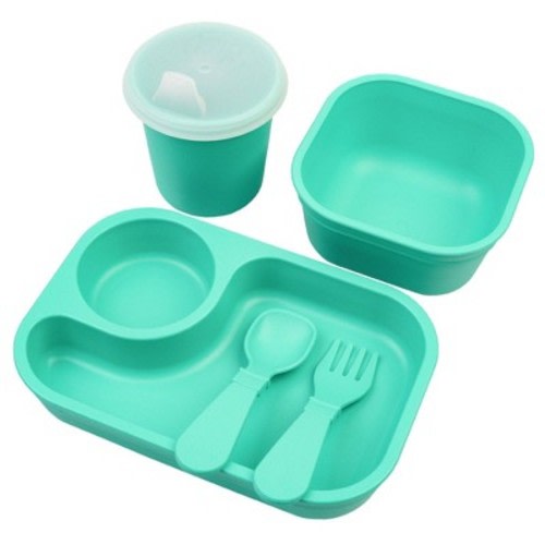 Re-Play 5pc My First Food Dinnerware Set - Aqua: Silicone, Solid Pattern, Service for 1