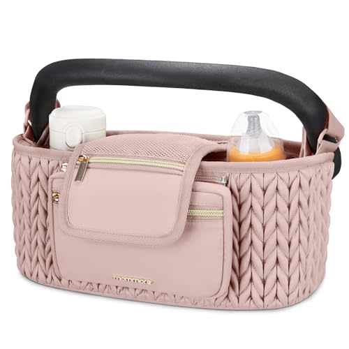mommore Stroller Organizer with Insulated Cup Holders, Adjustable Stroller Caddy with Detachable Phone Bag, Stroller Accessories Fits for Uppababy, Doona, Jogger, Britax (pink)