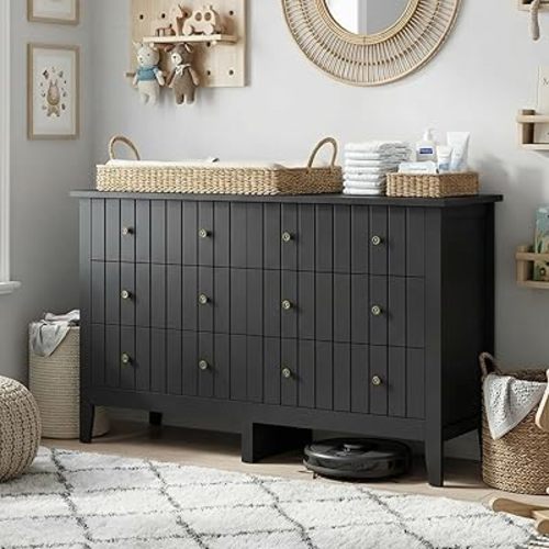 FOTOSOK Modern 6 Drawer Double Dresser with Deep Drawers, Chest of Drawers with Changing Table, Wide Storage Organizer Cabinet for Living Room, Hallway, Black