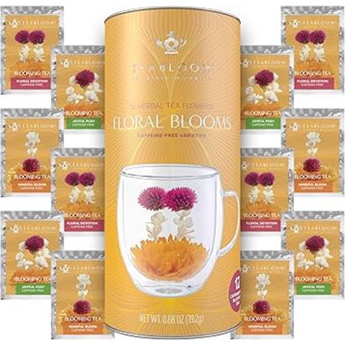 Teabloom Caffeine-Free Petite Blooming Teas - Gift Canister of 12 Assorted Flowering Teas - Ideal with Teabloom Borosilicate Glass Cups or Smaller Teapots