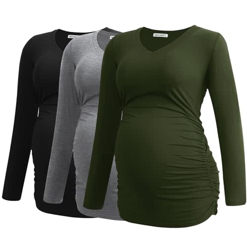 Smallshow Women's V-Neck Maternity Shirt Clothes Long Sleeve Ruched Pregnancy Top