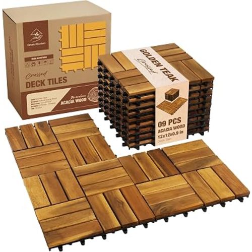 Premium Acacia Wood Interlocking Deck Tiles, 9 PCS 12"x12"x0.9" Patio Flooring, Waterproof Decking Tiles for Balcony, Backyard & Patio, All Weather Use (Golden Teak - Crossed Pattern)