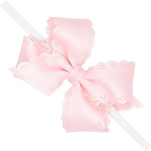 Wee Ones Girls Small Grosgrain Bow with Eyelet Flower Embossed Edge on Skinny White Nylon Band, One Size, Powder Pink
