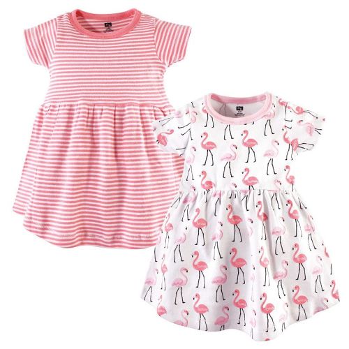 Hudson Baby Infant and Toddler Girl Cotton Short-Sleeve Dresses 2pk, Flamingos