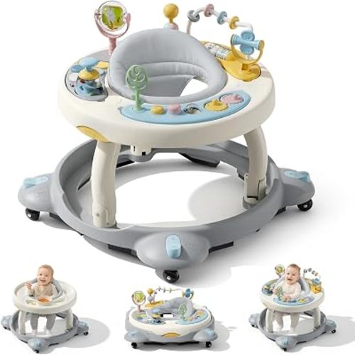 Baby Walker with Wheels, Foldable Baby Walker for Baby 6-12 Months, 3-Position Rotating Seat with Interactive Activity Center, Music Buttons, Baby Walkers for Boys Girls(Grey)