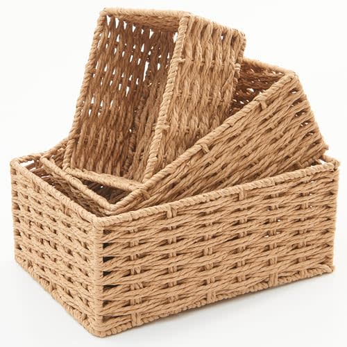Small Wicker Basket for Organizing, Woven Storage Basket Set of 3 - Handwoven Natural Paper Rope Baskets to Declutter Any Room, Perfect for Organizing and Home Decor