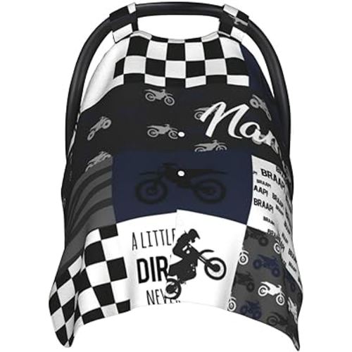 Personalized Dirt Bike Black Baby Car Seat Canopy for Babies with Name, Custom Motocross Car Seat Covers for Boys, Opening Minky Nursing Breastfeeding Cover Infant Carseat Canopies for Newborn