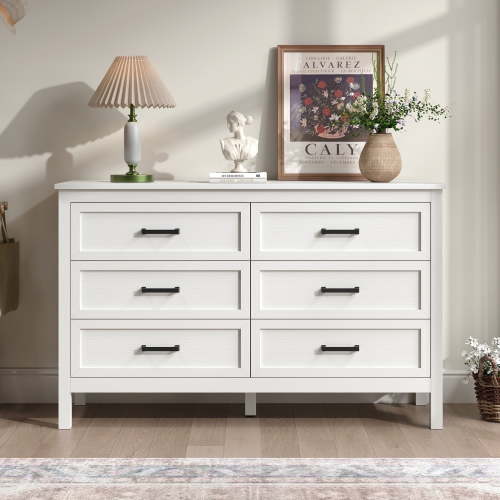 YouTrend 6 Drawer Farmhouse Dresser,Wood Adult Rustic Chest of Drawer with Metal Handles for Bedroom Living Room Hallway,Natural White