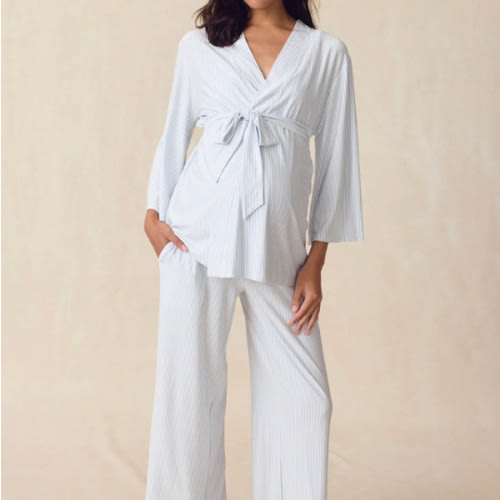 LAKE | Women | DreamModal™ Pajamas | Parisian Green Pencil Stripe Maternity Kimono Bundle
