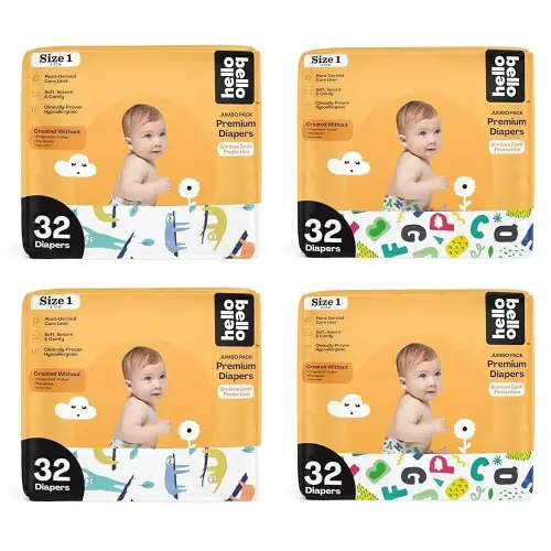 Hello Bello Premium Baby Diapers Size 1, 128 Count of Disposable, Extra-Absorbent, and Hypoallergenic Baby Diapers with Snug and Comfort Fit, Alphabet Soup (64) and Sleepy Sloth (64)