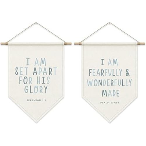 Bible Verse Wall Decor, Inspirational Scripture Poster Hanger Frame, Boy Nursery Decor, Christian Pennant Flag Banner for Bedroom Playroom Set of 2, Christian Birthday Gifts for Tolddler Baby Kids