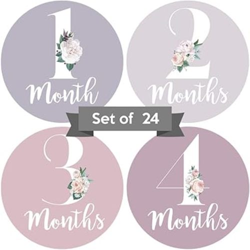 Baby Monthly Stickers - Set of 24 - Floral Baby Girl Milestone Stickers - Perfect for Newborn Girls - Month to Month Milestones - Purple Mauve Floral Design (Set of 24)