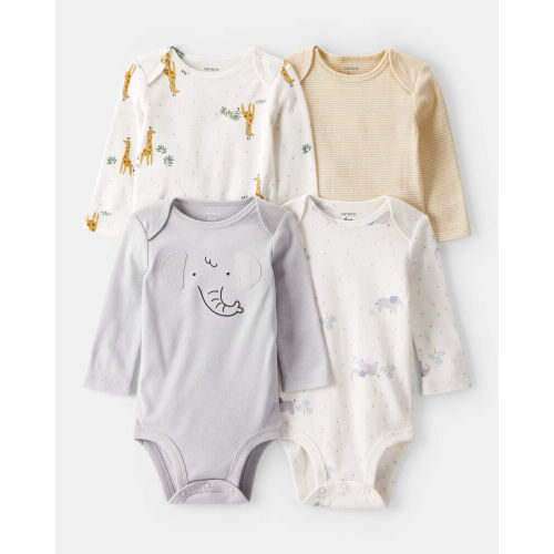 Baby 4-Pack Safari Print Cotton Long-Sleeve Multipack Bodysuits - White | Carter’s Oshkosh Canada