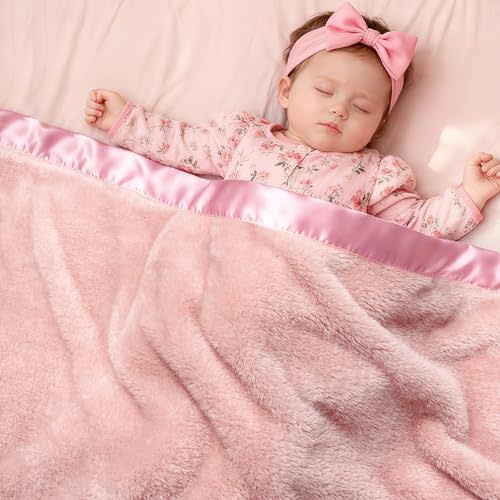 Pro Goleem Fleece Baby Blankets for Girls with 2 Inch Satin Trim, Super Soft Plush Receiving Blanket for Infant Toddler Newborn, Cozy 30x40 Inch Crib & Stroller Blanket (Pink)