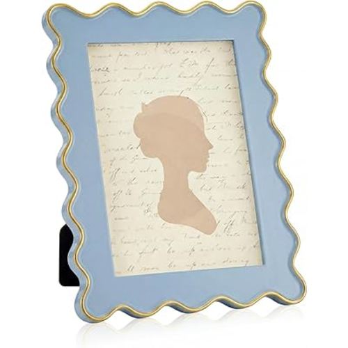 5x7 Inches Light Blue Scalloped Picture Frame Cute Wavy Edge Resin Real Glass Photo Frame for Desktop Display Home Decor Family Friends Wedding Graduation Gifts
