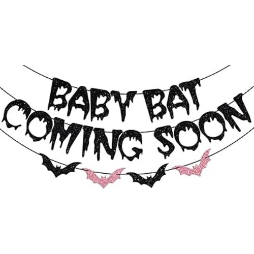 Baby Bat Coming Soon Banner, Bat Themed Babies Shower Decoration, Halloween Gender Reveal Decorations, Batty for Baby Gothic Boy Girl Birthday Party Decorations Black & Pink Glitter