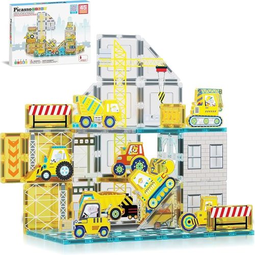 PicassoTiles Magnet Tiles Magnetic Building Blocks with 8 Construction Vehicles Crank Truck Excavator Bulldozer Road Roller Concrete Mixer Tractor Dump Truck Forklift Toys Learning Kids Ages 3+ PTQ11