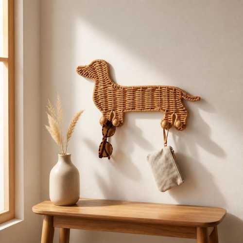 Rattan Dachshund Wall Hooks, Woven Dog Coat Rack, Boho Nursery Decor