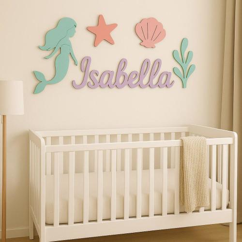 Personalized Wooden Baby Name Sign: Custom Mermaid Wall Art