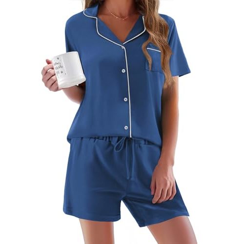 Ekouaer Pajamas Set for Women Short Sleeve Sleepwear Button Down Pjs Soft 2 Piece Lounge Sets XS-XXXL