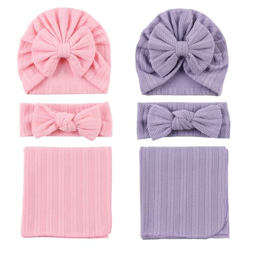 OMUKY Newborn Receiving Blanket Bow Headband and Beanie Set Baby Swaddle Receiving Blankets Baby Boy Girls Nursery Swaddle Wrap(Light Pink+Purple)