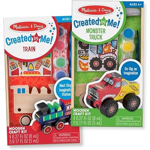 Melissa & Doug Wooden Vehicles Craft Kit 2 Pack, Monster Truck, Train
