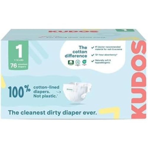 Kudos Chlorine Free Premium Diapers, 100% Cotton-Lined, Ultra Soft, Size 1, 76 Count