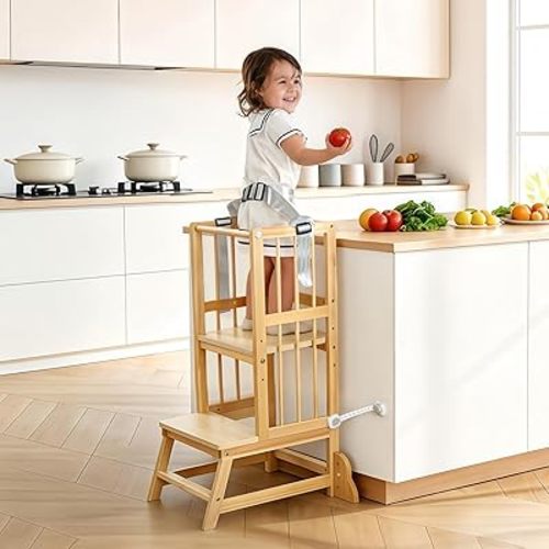 Toddler Step Stool, Kitchen Tower for Toddlers, Adjustable Height Children's Wooden Kitchen Stool, Kids Tower for Learning with Removable Safety Railing, Ages 18 Month to 3 Years(Wood)