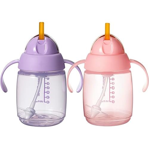 Tommee Tippee Starter Weighted Straw Baby & Toddler 10oz Sippy Cup for 6 Months+, with Silicone Weighted Straw and Easy-Hold Handles, BPA Free, Pink & Purple, Pack of 2
