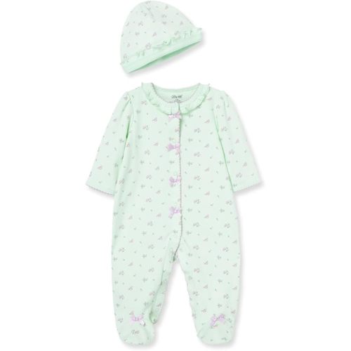 Little Me Clothes for Baby Girls 100% Cotton Scratch-Free Tag Footed One-Piece Romper and Hat Sleeper Set Preemie to 9 Months