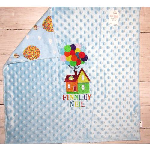 Adventure Minky and Flannel Lovey, Balloon House Personalized Mini Blanket, Baby/Toddler Security Blanket