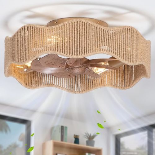 18" Boho Fandelier Ceiling Fan with Light Flush Mount, Caged Low Profile Ceiling Fan with Light, Small Rattan Bladeless Ceiling Fans with Lights and Remote Control for Bedroom, Nursery - ETL