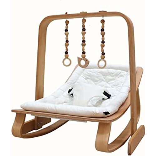 Cappanda Wood Baby Rocking Chair, Natural Wood Baby Bouncer, Baby Sleeping Relaxing Chair with Gym Bar - Cream (Color Options)