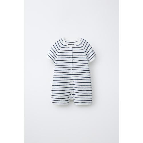 STRIPED PEARL KNIT SHORT JUMPSUIT - Ecru / Blue | ZARA United States