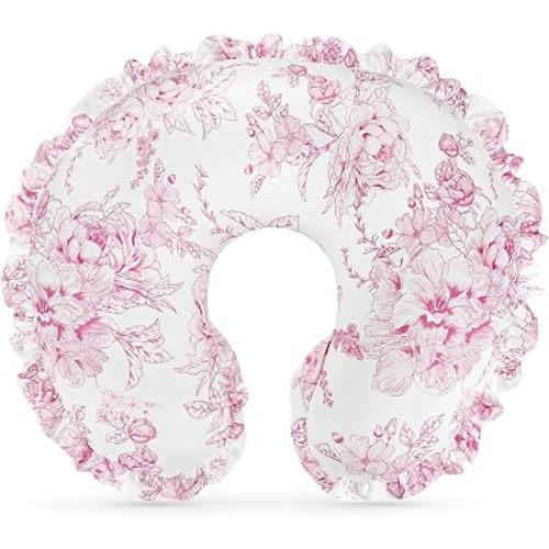 DILIMI Nursing Pillow Cover, Removable Ruffled Pillowcase for Breastfeeding Pillows, Ultra Soft Comfortable Slipcover for Baby Girl and Boy, Pink Floral