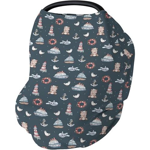 Navy Blue Sailor Bear Watercolor Baby Car Seat Covers Bear Lighthouse Anchors Boats Stretchy 5-in-1 Cover Adjustable Infant Carseat Cover Canopy Coastal Nautical Breathable Nursing Cover-Up