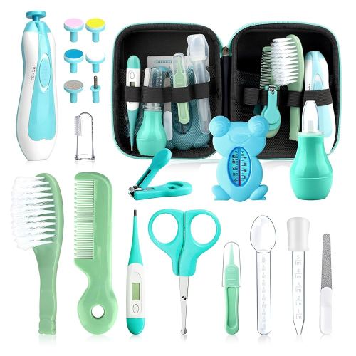 Baby Healthcare and Grooming Kit, 20 in 1 Portable Baby Safety Care Set with Hair Brush Comb Nasal Aspirator Electric Nail Trimmer Set Baby Essentials kit for Newborn Boys Girls (Green 20 in 1)