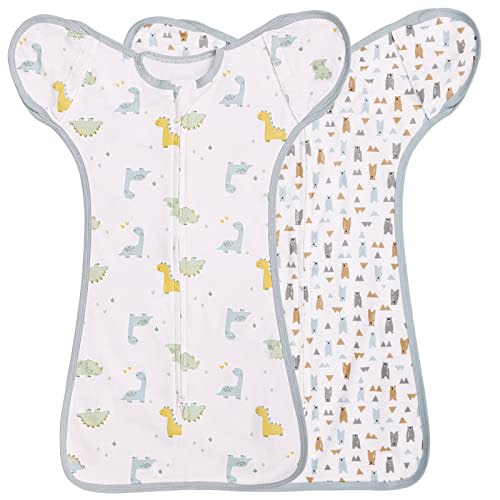 2 Pack Transition Swaddle with 2 Way Zipper, 2 in 1 Arms in/Out Transitional Arms Up Swaddle, 100% Cotton Newborn Swaddles Zipper Swaddles Baby Swaddling Sack Sleep Sack 0-3 Months, Dinosaur & Bear