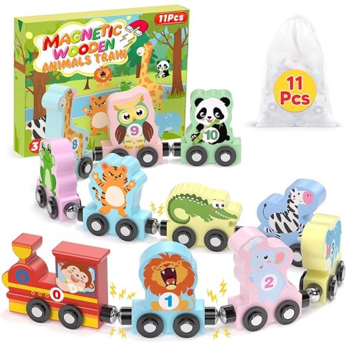 11 Pcs Magnetic Train Set Montessori Toys for 1 2 3 Years Old Toddlers Boys Girls, Wooden Animals Preschool Learning Easter Basket Stuffers Sensory Toys Birthday Gifts Ages 1-3, 2-4