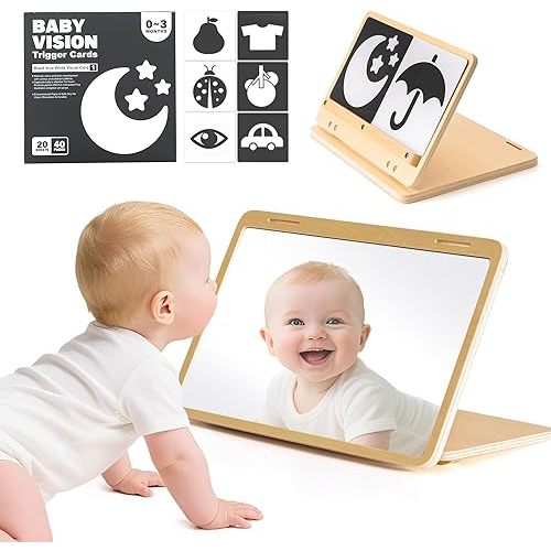 Brezlio Tummy Time Mirror for Baby Montessori Baby Floor Mirror with High Contrast Black and White Cards Infant Safe Mirror Toy for Newborn