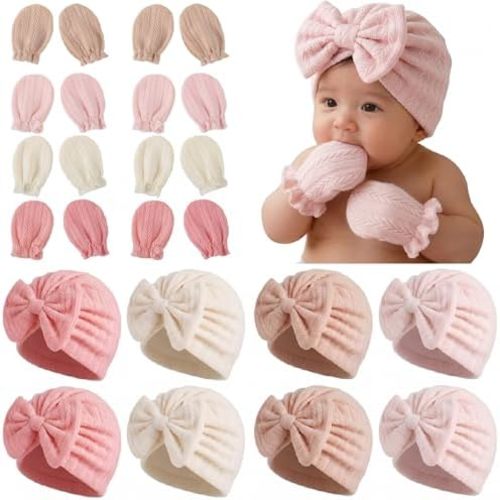 8 Sets Newborn Baby Hats and Mittens Cotton Preemie Hospital Cap with Bow & No Scratch Gloves for Girls Boys 0-3 Months