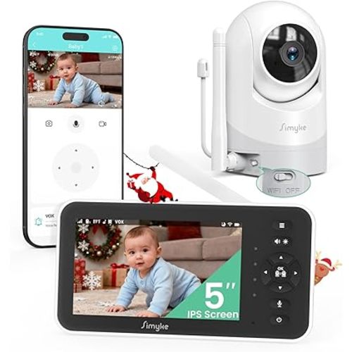Video Baby Monitor with Camera and Audio,5'' Screen,720P,No Wifi or Free App Mode,Pan-Tilt-Zoom,Lullabies,Feeding Remind,Night Vision,VOX/ECO,2-Way Talk,1500ft Long Range,Easy Setup,30H Battery