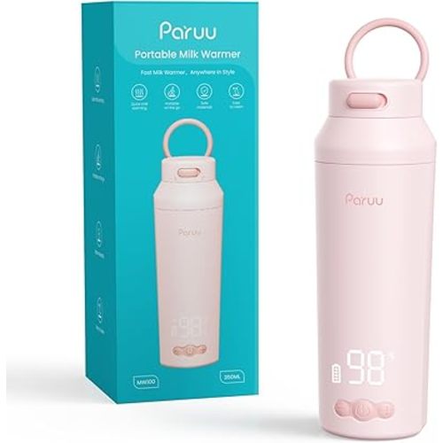 Paruu Portable Bottle Warmer for Travel, Easy-Clean Wide Mouth, Portable Milk Warmer with Fast Heating for Night Feeding, 7-Temp Control, Large 12oz Capacity, Ideal Gifts for New Parents, Pink